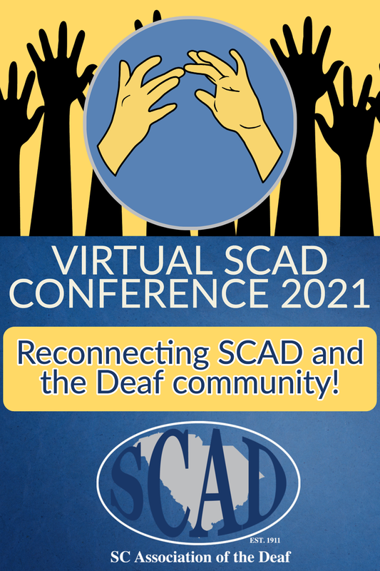 SCAD virtual conference 2021 flyer. Shapes of hands reaching upward over a half yellow and half blue background. On top of the background is the sign for connect at the top in a white circle. Underneath are the words 